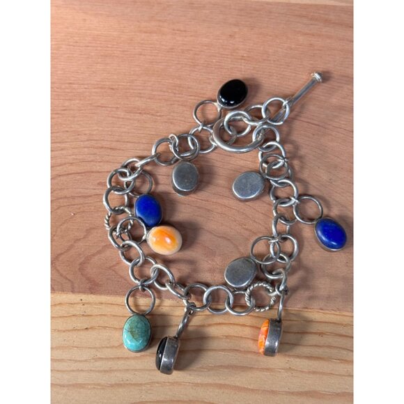 Sterling Silver Multi-Stone Dangling Charm Bracelet 7.5" With Toggle Clasp - Picture 1 of 6